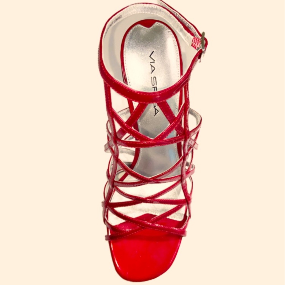 NWOT Via Spiga Made in Italy Red Patent Leather Bird Cage Stiletto Size 7
